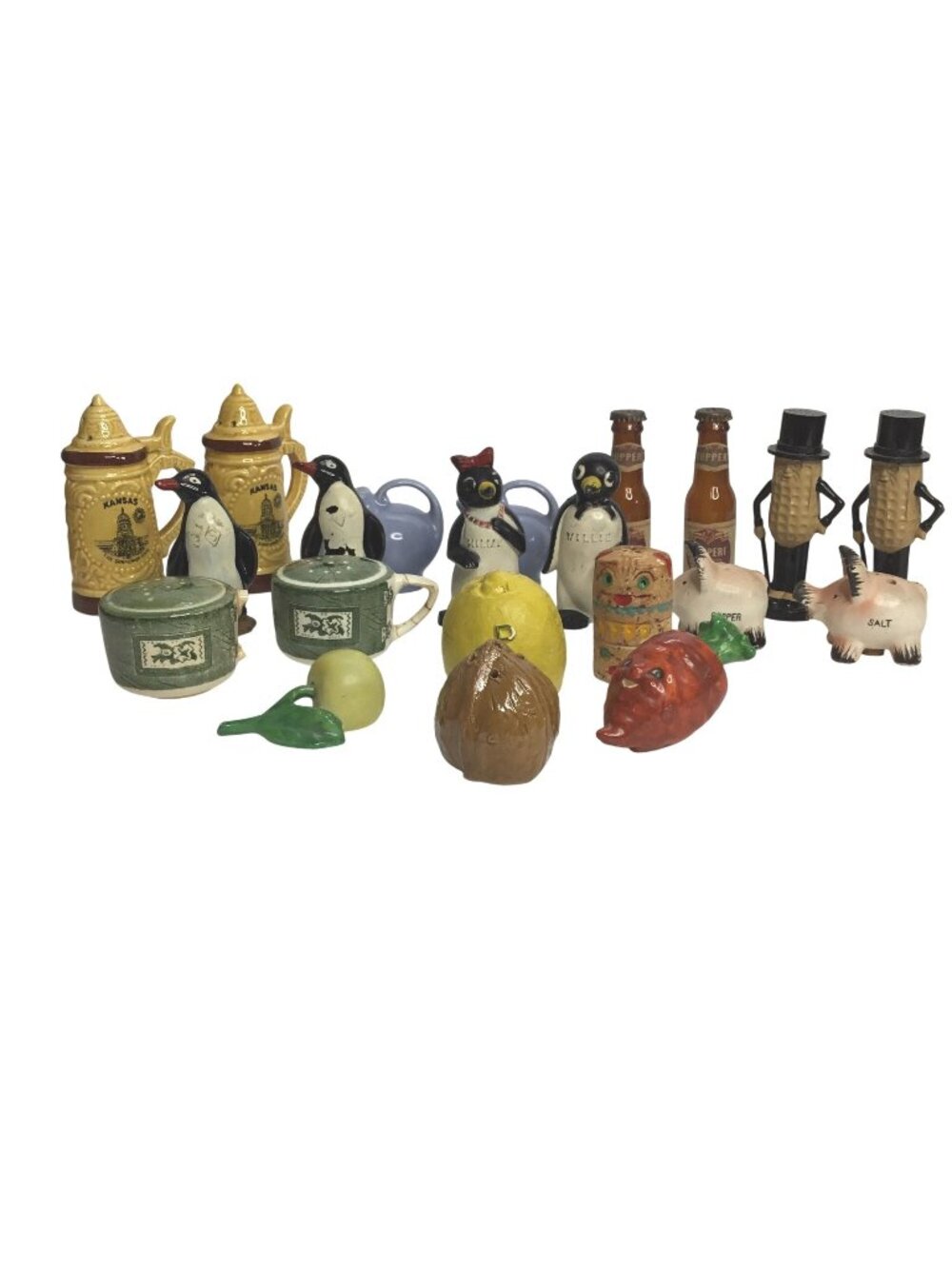 LOT VTG Anthropomorphic Salt Pepper Shaker Kitsch Animals Fruit Mr. Peanut Beer
